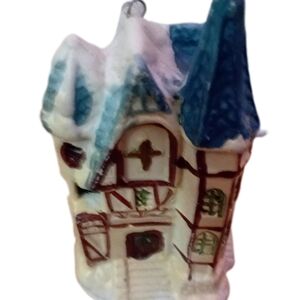 Whimsical Blue and Cream Holiday House Ornament